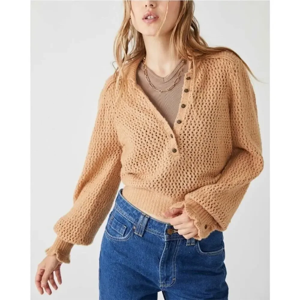 Free People Care FP Snowdrift Pullover Sweater in Camel Heather Size Small